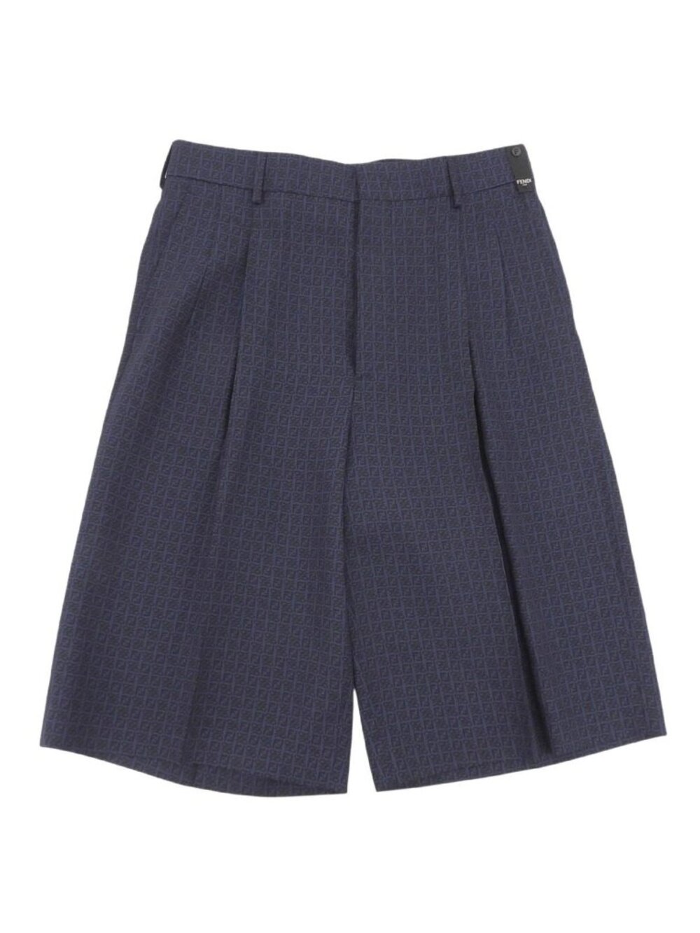 Fendi Linen Silk Blend Fflogo Zucca All Over Pattern Tucked Shorts Navy 46